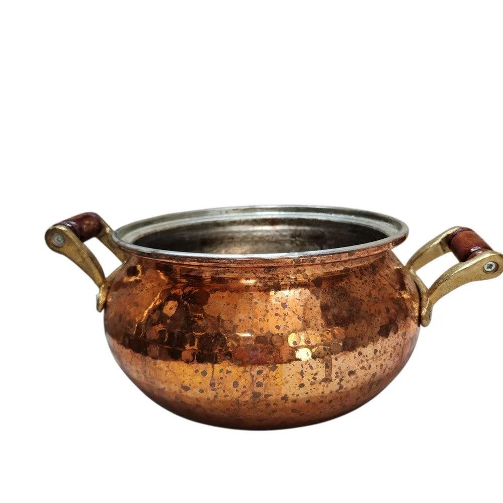 Vintage French Hammered Copper Stock Pot Tin Brass Handles Decorative **NO Lid**
